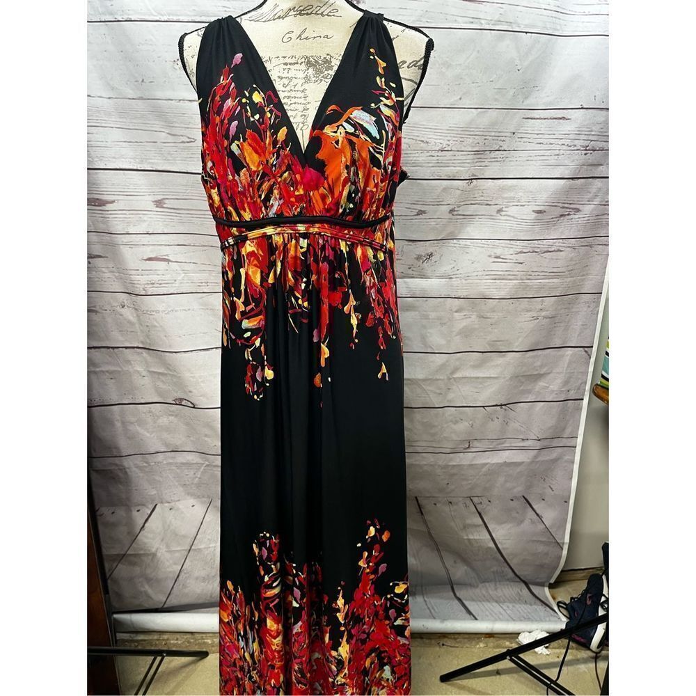 JOHN‎ PAUL RICHARD Floral Print Maxi Dress Black Red Yellow Sleeveless V-Neck L